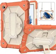Case for Samsung Galaxy Tab A8 10.5 inch 2021 Model (SM-X200/X205/X207) with Kickstand Hand Strap and Shoulder Strap, Shockproof Rugged Protective Stand Cover for A8 10.5 (Orange)