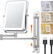 Gospire Height Adjustable Wall Mounted Lighted Makeup Mirror with Hooks, 3000mAh Rechargeable with 1X/10X Magnification, 3 Light Colors and Stepless Dimming for Bathroom