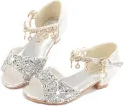 [outret] Little Kids Girls Sandals Glitter Rhinestone Dress Pumps Sequins Princess Low Heels Party Dance Shoes