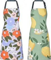ARBINSON 2 Pack Floral Apron for Women with Pockets, Adjustable Cotton Chef Aprons for Kitchen, Cooking, BBQ & Grill