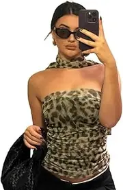 [BSLVWG] Leopard Print Tube Top for Women Leopard Print Tube Top Cheetah Print Top Ruched Strapless Mesh Halter Tops