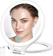 Famihomii Magnifying Mirror with Light 10X/1X, Double Sided Rechargeable Travel Mirror with Light with 3 Color Setting Adjustable Lighted Vanity Mirror Portable Desk Cosmetic (White 10x)