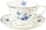 [fanquare] Blue Tea Cup and Saucer Set for 1, Floral Coffee Cup with Plate Set, English Porcelain Tea Cup, 7.4oz