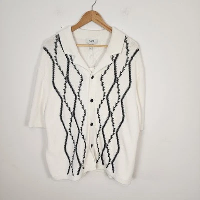 COS NWT Abstract Argyle White Black Knitted Button Sweater Women's Large