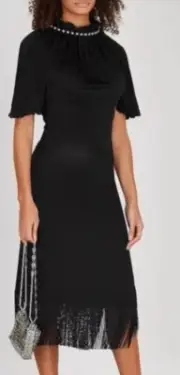 PACO RABANNE Black Jersey Fringe Trim Midi Dress 34 FR / 6 AU NEW WITH TAGS
