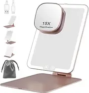 FANCYSEEU Makeup Mirror with Light, 3 Colors Dimmable Foldable Cosmetic Mirror with 15X Mini Magnifying Mirror, Ultra Slim Portable Travel Mirror, Makeup Mirror with Light, Rose Gold
