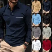 Mens Polo T-shirt 3 Button Neck Long Sleeve Shirts Casual Plain Slim Fit Tops UK