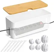 BLAZDEVE Cable Management Box with Bamboo Lid, ABS Plastic Cord Organizer Box with Accessories for Wire Hiding, Wall-Mountable Cable Organizer for Home, Office (White)