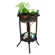 Scalloped Brown Wicker Basket Side Table Round Removable Plant Stand 2 Shelves