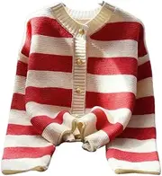 XUGYAO Cardigan Striped Knitted Cardigans Women Autumn Winter Button Up Loose Cardigan Sweaters Woman Style Long Sleeve Knitwear Red