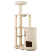 Costway151 cm Wooden Cat Tower with Sisal Scratching Posts and Washable Plush Cushion-Natural