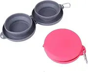 Collapsible Double Pet Bowl with Carabiner, Portable Food and Water Container, Grey and Pink (ren)