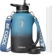 64 oz Water Bottle Insulated with Handle, Coolflask Half Gallon Water Jug With Strap Straw Stainless Steel Double-Walled Vacuum Metal Large Flask Leakproof, Keep Cold 48 Hrs Hot 24hrs, Prussian Blue