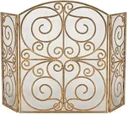 Fireplace Screen Panel Hollow Carved Fireplace Screen Partition Tri-fold with Mesh Wrought Iron Spark Protective Grille Decoration Household Fireplace Partition Screen Fire Safety (Color : Gold)