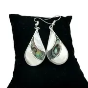Mexican Abalone Shell Inlay Teardrop Earrings Fair Trade White Green Colour
