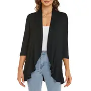Women's Three Quarter Sleeves Ruffles Open Front Cardigans - Black