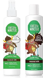 Fresh Monster Hair Detangler Spray & 2-in-1 Shampoo & Conditioner, Coconut, Toxin-Free, Hypoallergenic & Natural (8.5 oz each)