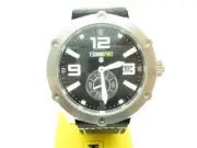 TECHNO SPORT CHRONOGRAPH SILVER STAINLESS STEEL BLACK LEATHER STRAP WATCH NWT