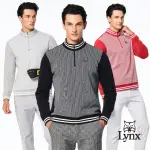 【LYNX GOLF】男款保暖舒適混紡經典緹花條紋設計羅紋配條造型長袖立領POLO衫(三色)