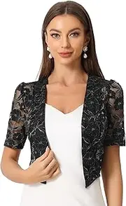 [Allegra K] Short Sleeve Cardigan for Women's Lace Lightweight Crop Cardigan Shiny Silver Printed Sheer Shrug Top