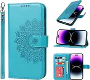 Cavor Wallet Case for iPhone 14 Pro Max 6.7'' PU Leather Case Magnetic 3D Embossed Flower Women Flip Kickstand with Card Holder Wristlet Hand Strap Protective Cover-Flower Sky Blue