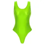 Womens Glossy Sleeveless High Cut Bodysuit One-piece Swimsuit for Yoga Sports Fitness Swimming Bathing Bodysuit fluorescent green M