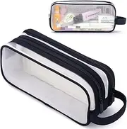 Large Grid Mesh Pencil Case 2 Compartment Pen Bag Clear Handheld Multifunction Pencil Pouch Transparent Makeup Bag for Teen Student College Business Travel Office Adult - Black