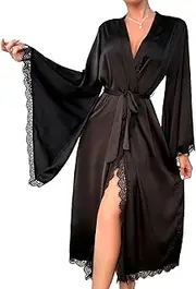 [WADAYUYU] Women Satin Robe Long Sleeve Lace Trim Kimono – Black Silk Bathrobe with Belt, Elegant Sleepwear for Women, Luxury Nightgown, Bridal Lingerie Dressing Gown S M, Black, Small-Medium