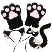 5 Pcs Creative Cat Cosplay Costume Kitten Tail Ears Collar Paws Gloves Anime Lolita Gothic Set For Party-b
