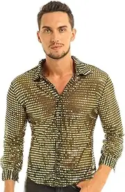 [Zozogag] Mens Fashion Holographic Costumes Clothing Shiny Sequins See Through Mesh Clubwear Evening Dance Performance Top Shirt