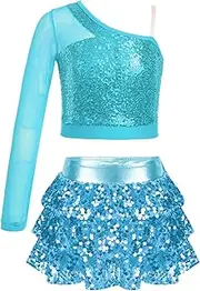 [Jhaoyu] Kids Girls Hip Hop Ballet Dance Costume One Shoulder Sequin Crop Top with Sparkle Mini Skirt Set Dancewear