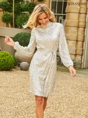Sosandar Gold Sequin High Neck Belted Shift Dress (Q96559) | $228