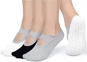[Queenshin] Women's Yoga Socks with Non-Slip Grips & Straps Best for Pilates Ballet Dance Hospital Anti-Skid Socks 3 Pairs