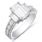 GIA 2.50 Ct. Emerald Cut, Baguette & Round Diamond Engagement Ring 14K I, VS2