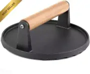 Heavy Cast Iron Burger Press Smash Meat Bacon Grill Wood Handle Round