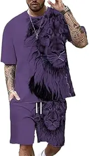 [DSAoTeng] Men's Animal Lion 3D Printed Short Sleeve T-Shirt + Shorts Set Summer Tracksuit Two Piece Set Sportswear Sweatsuits