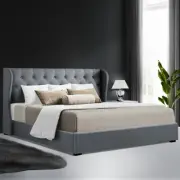 Gas Lift Bed Frame King Size Base Mattress Wooden Slat Platform W/ Storage Grey