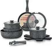 Bakken-Swiss Detachable 15-Piece Cookware Set – Granite Non-Stick – Eco-Friendly – Stackable Removable Handles – for All Stoves & Oven-Safe - Marble Black Coating