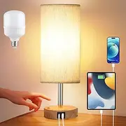 Touch Lamp, with USB A+C Charging Ports, Bedside Lamp, Dimmable. Bed Side Table Lamp, with Linen Shade, Suitable for Living Room, Dormitory, Home, Office (Including Led Bulbs) (White)