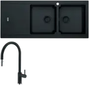Franke Bali Double Bowl Sink with Left Hand Drainer and Verona Pull-Out Tap - Matt Black