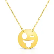 14k Yellow Gold Winking Sticking Tongue Out Emoji Extendable Necklace, 16" to 18"
