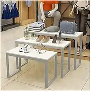 Zfmnoyev 3 Piece Shoe Handbag Display Stand, Modern Nesting Tables Retail Display Tables, Standing Heavy Duty Display Riser Shelf, for Homes Clothing Shops Hotels(Silver)