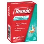 Rennie No Added Sugar Spearmint 96 Tablets Fast Relief Heartburn & Indigestion