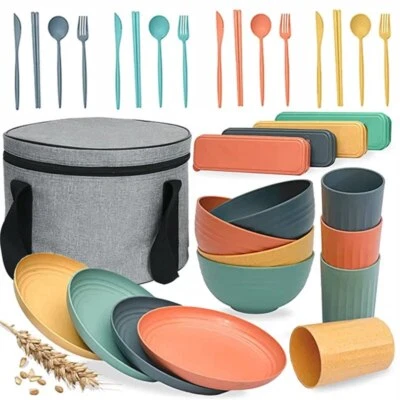 Camping Tableware Set Wheat Straw Cutlery Set Dishes Picnic Portable Lunch Bags