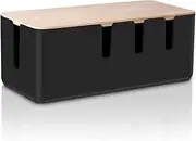 Cable Management Box by Baskiss, Solid Wood Lid, Wire Organizer for Desk TV Computer USB Hub System to Cover and Hide & Power Strips & Cords (Black, Medium)