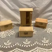 Vintage Miniature Unfinished Wood Cupboard/chest & 3 Trunks