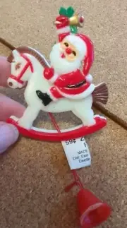 Plastic Pull String Santa Rocking Horse Christmas Pin Brooch Vtg Hong Kong