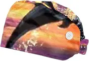 [FVQL] 2 Pcs Nurse Caps for Women, Reusable Surgical Cap Scrub Cap, Dolphin Painting Sunset Pattern