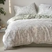 Lyocell White Duvet Cover Queen Zipper Small Red Flowers Duvet Cover Botanical Floral Leaves Pattern Printed Green Bedding Set 1 Duvet Cover and 2 Pillowcases, Ultra Soft, Breathable-Queen Size