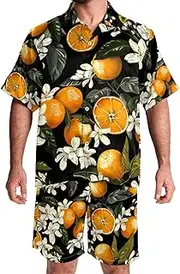 [FNETJXF] Mens Hawaiian Sets, 2 Piece Set for Men, Mens Vacation Outfits, Lemon Flower, Short Sets for Men